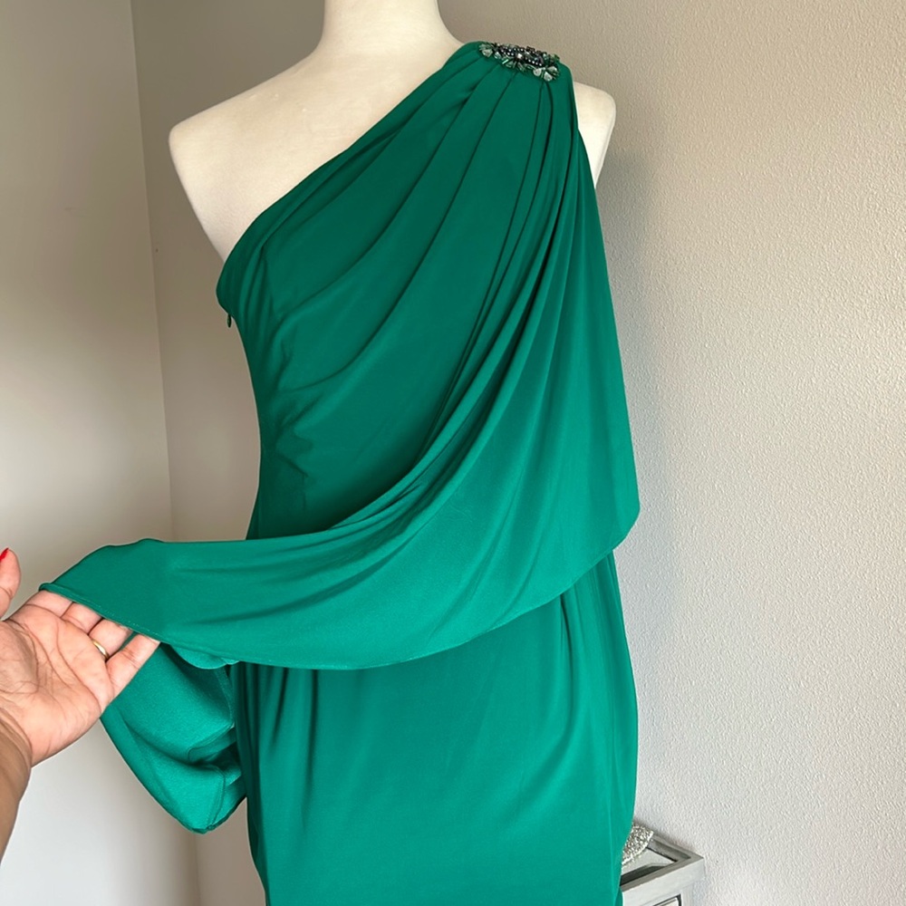 Signature | Emerald Green One Shoulder Cape Dress Elegant Glamour Modern Ruffle